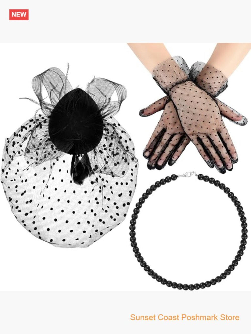 3 Pcs Vintage Fascinator Hat Set with Lace Gloves Pearl Necklace